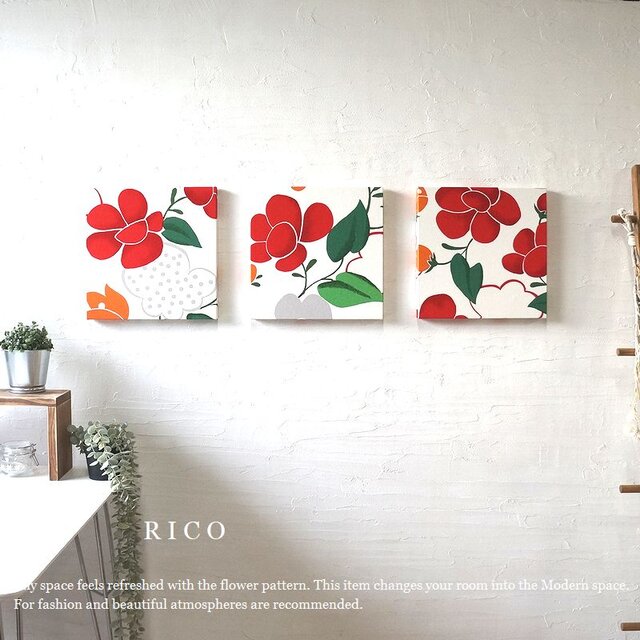 rico 小花のファブリックパネル 20×20cm 3枚セット red 小さいサイズ