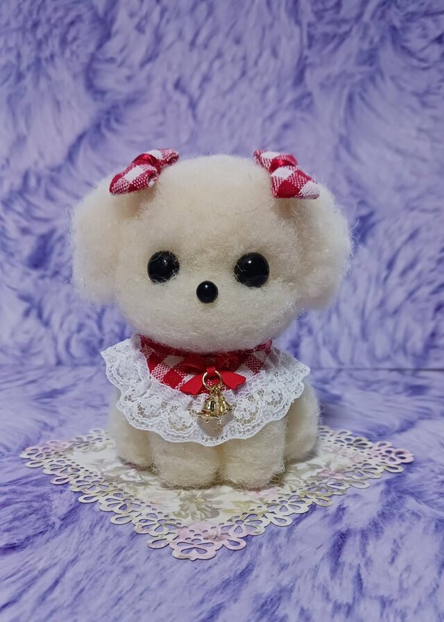 チェックのリボン前掛けの似合うマルチーズ　下敷き付き羊毛