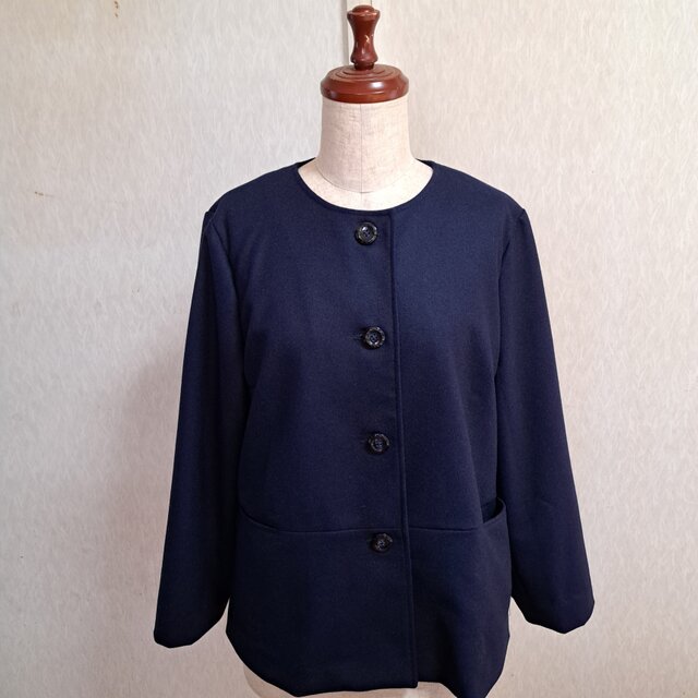 ウール　ノーカラージャケット【総裏付き】　ネイビー　紺　Lサイズ