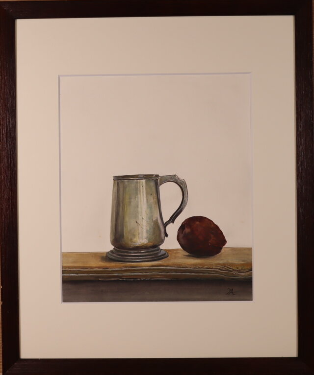 水彩「ジョッキと枯れたカリン」