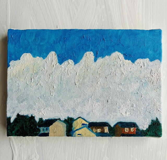 16×23㎝「民家と巨大雲の在る風景 20253-1」油彩・原画 16×23㎝「民家と巨大雲の在る風景 20253-1」油彩・原画