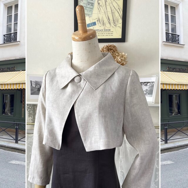 リネンの襟付きボレロ『ショートジャケット・ハオリモノ・ナチュラルカラー・１点のみ』