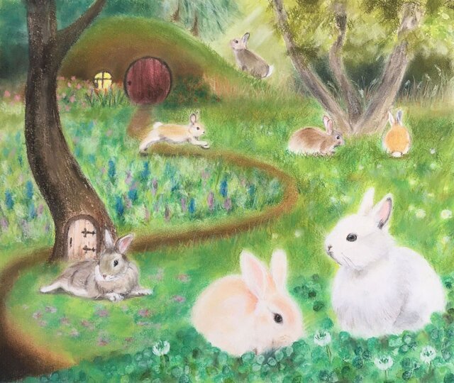 うさぎの村（パステル画 原画） 8号 | iichi 日々の暮らしを心地よく