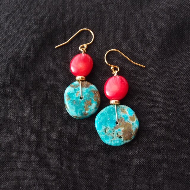 no.4289　レッドコーラル×ヘマタイト║ピアス/イヤリング║ステンレスピアス K14gf】Turquoise × Red Coral Earrings／ターコイズ×レッドコーラル