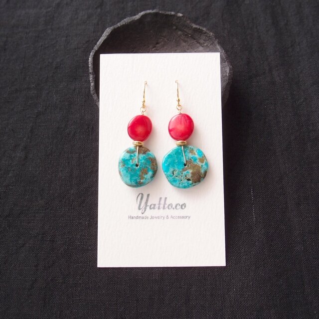 K14gf】Turquoise × Red Coral Earrings／ターコイズ×レッドコーラル