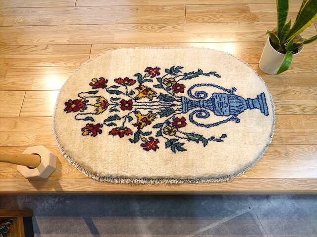ペルシャ　ギャッベ 玄関　93×63 ベージュ　タイル　花 ペルシャギャッベ 玄関93×63 ベージュタイル花