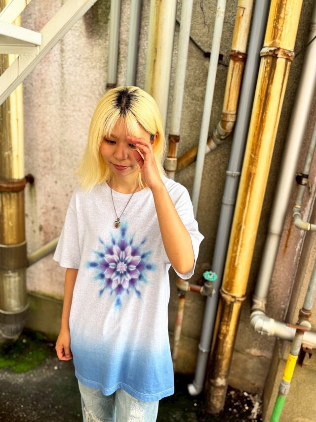 タイダイ Tシャツ Lサイズ  曼荼羅 ヘザーグレー ブルー段染め Hippies Dye HD23-71