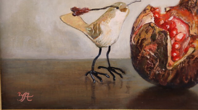 油絵「柘榴と木彫りの小鳥」 | iichi 日々の暮らしを心地よくする