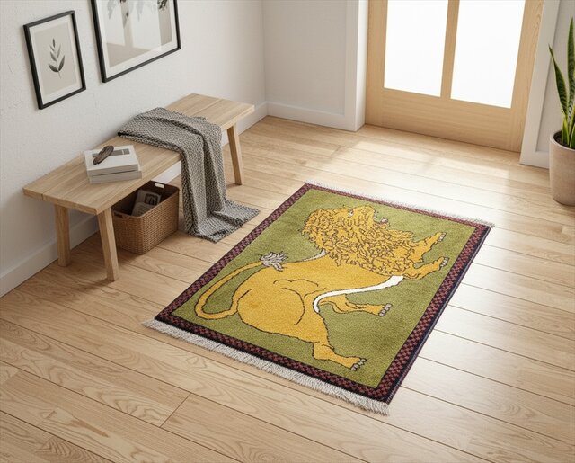 ペルシャ　アマレバフト　円形　61.5×59 ライトグレー　ライオン ペルシャ オールドギャッベ アマレバフト ラグ 90x60㎝ ライオン
