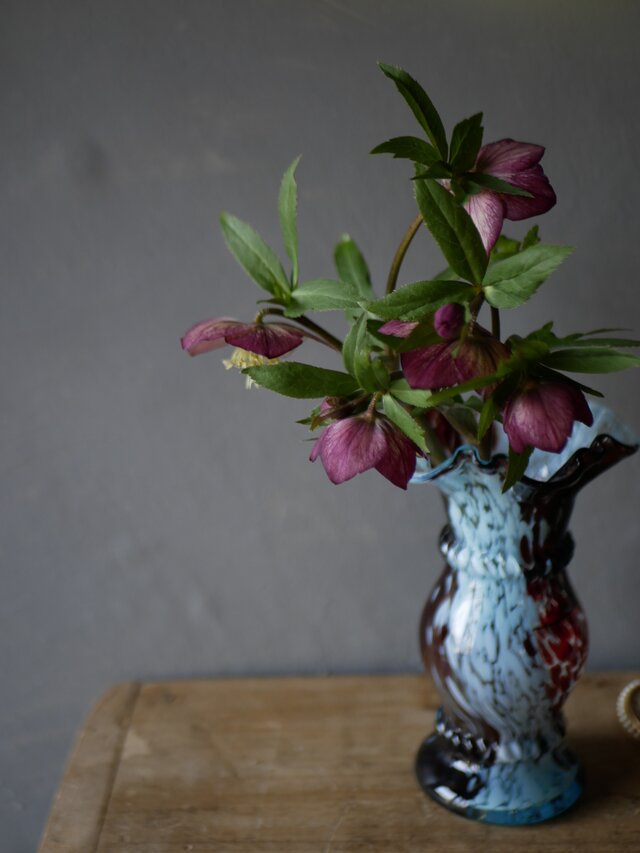 クリシー　オパリンガラス　スカイブルー×ブラウン　フラワーベース　フランスヴィンテージ