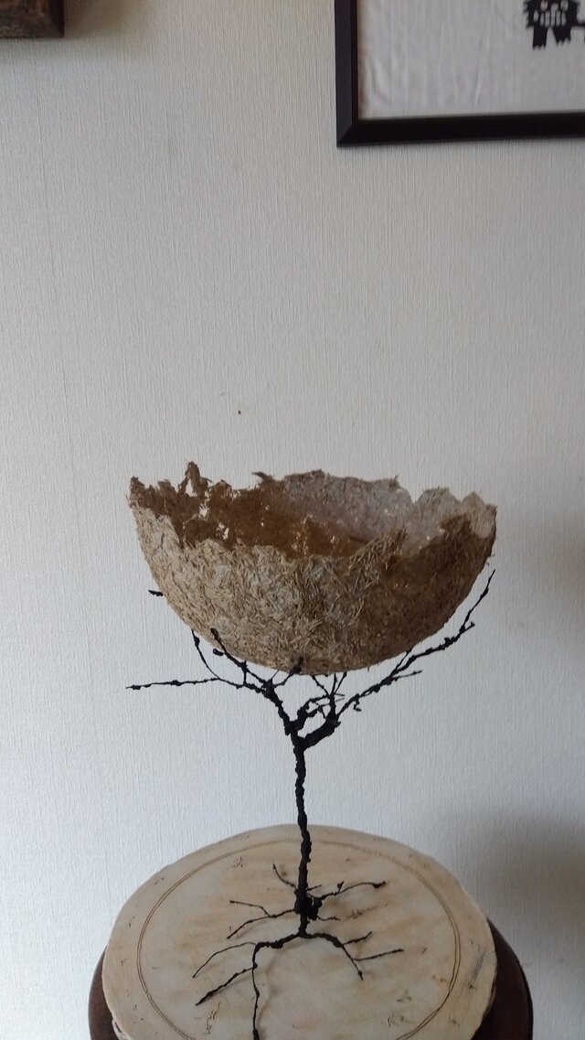 ペーパーマシェボウル・ススキの穂と古い書物とワイヤーワークの樹形スタンドセット