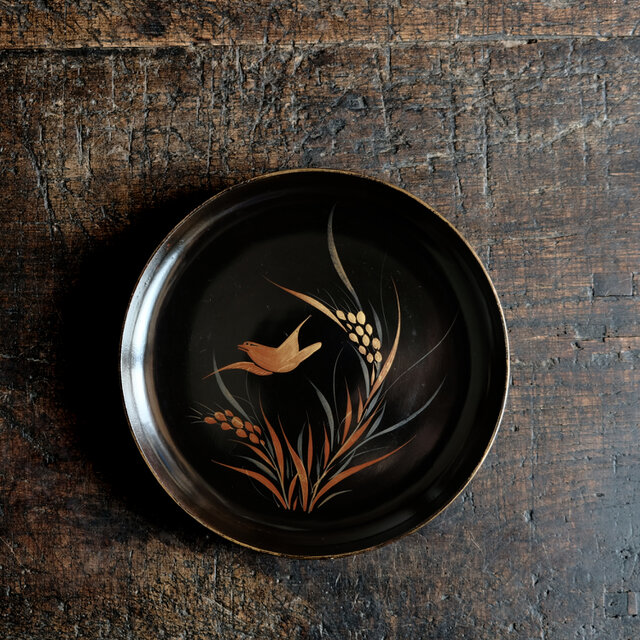 鳥と稲穂◆味のあるお品物。古輪島塗　漆芸蒔絵中皿　漆器　骨董/antiques 古民家　時代物　明治期 【個体D】