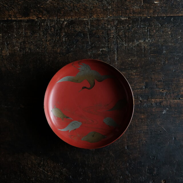 今ならほぼ即納！ 鶴と亀◇味のあるお品物。古輪島塗 漆芸蒔絵盃 骨董 漆器 中皿 工芸品