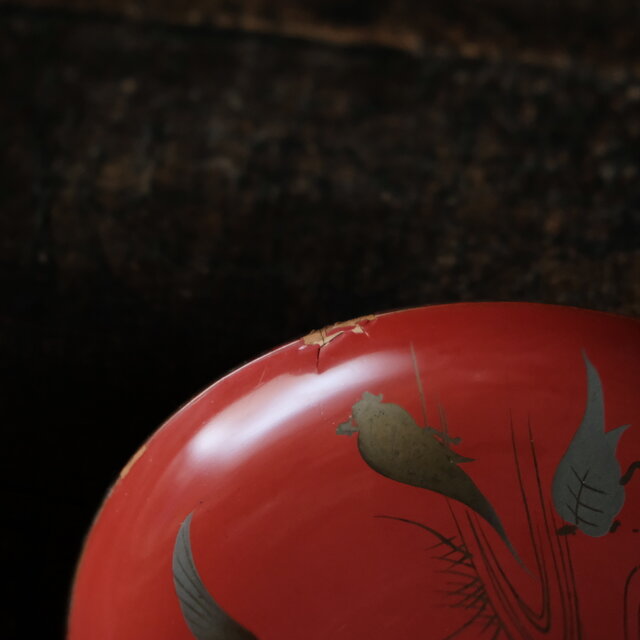 鶴と亀◇味のあるお品物。古輪島塗 漆芸蒔絵盃 中皿 漆器 骨董