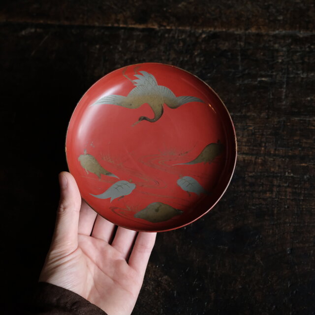 284 美品 上手物 極上蒔絵 祝酒盃 萬代鶴亀図 江戸時代/酒器 輪島塗漆器 鶴と亀◇味のあるお品物。古輪島塗 漆芸蒔絵盃 中皿 漆器 骨董