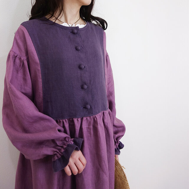 [予約販売] ヨーロッパリネン葡萄とグレープ袖ふんわりフリルドロップマキシワンピース