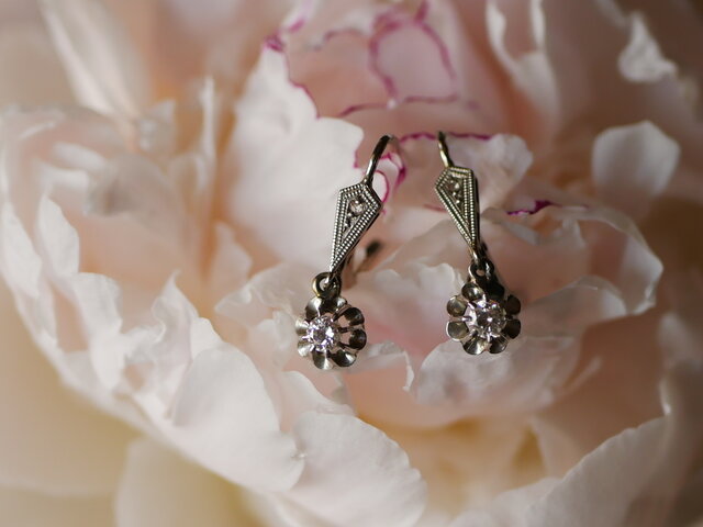 FE-12】 K18 ドルムーズピアス 天然ダイアモンド フランスアンティーク