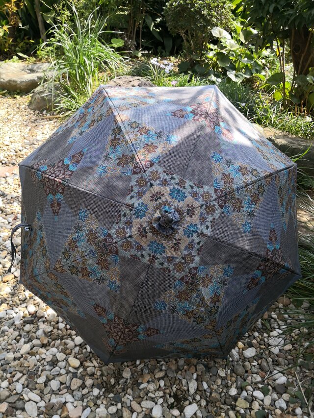 【送無】大島紬（茶青幾何学草花A）