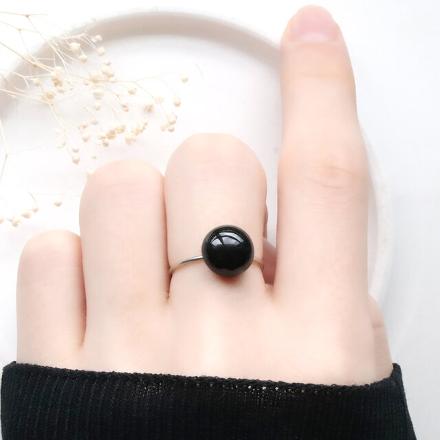 漆黒の一粒◇ 天然石ブラックオニキス フリーサイズリング シルバー