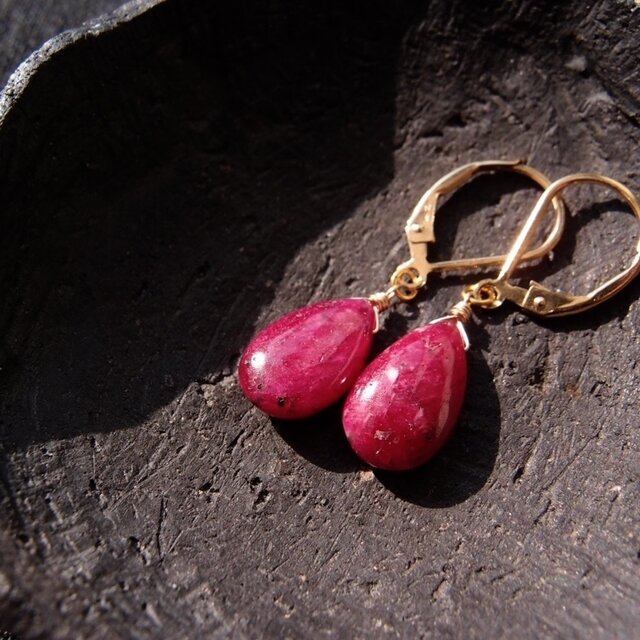 【K14gf】Dark Ruby Big Drop Earrings／ダークルビー 雫フレンチピアス