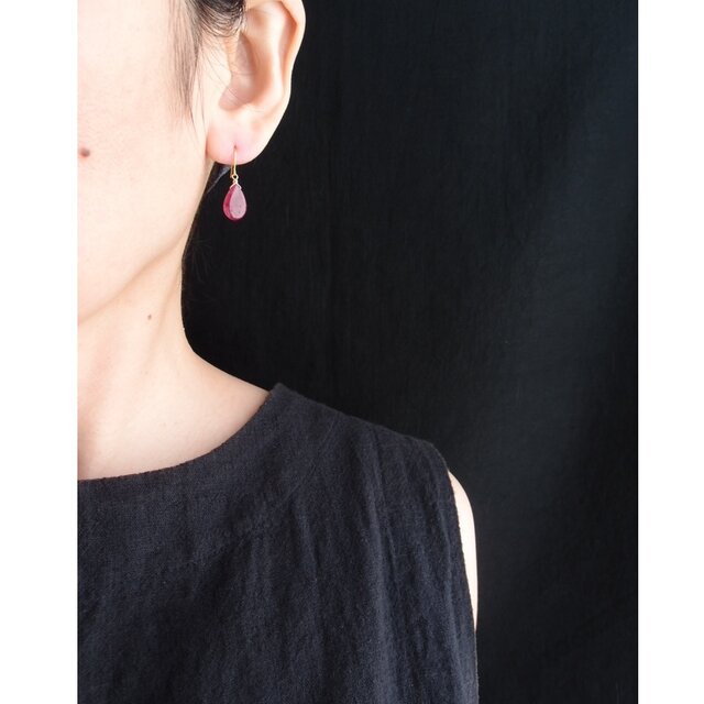 【K14gf】Dark Ruby Drop Earrings／ダークルビー 雫ピアス（S）