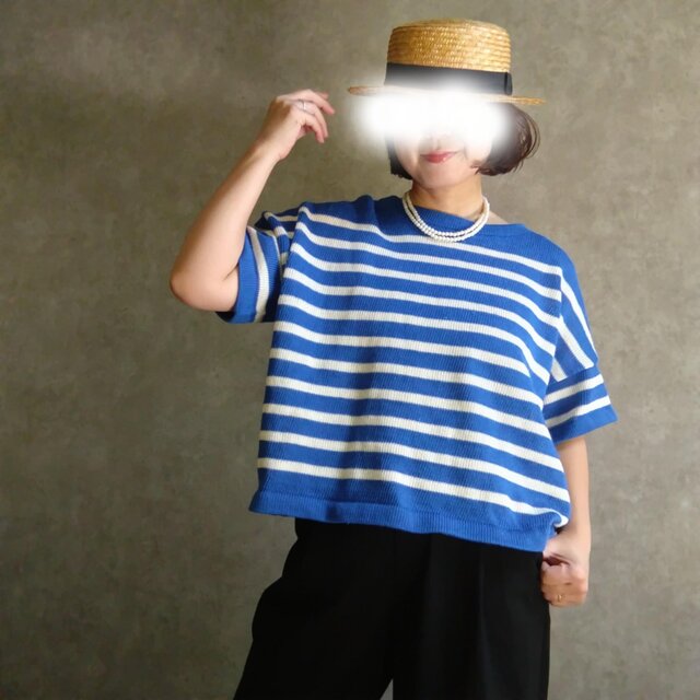 半袖リネンニット ビックTシャツ  ボーダー/ 青×白 BigT 美シルエット