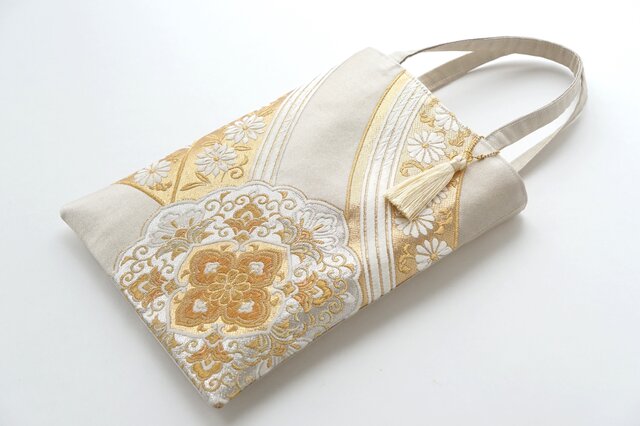 シルバー・ゴールド 華紋様 シルク帯リメイク ミニサブバッグ