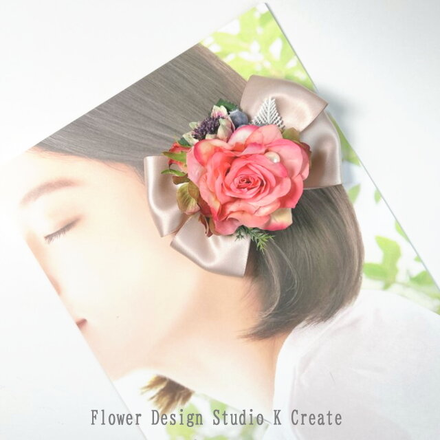 ピンクの薔薇とサテンリボンのバレッタ 髪飾り お出掛け 発表会