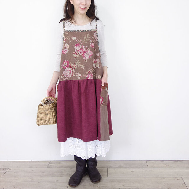 [予約販売]リネンバーガンディとミルクチョコアンティークフラワーキャミワンピース