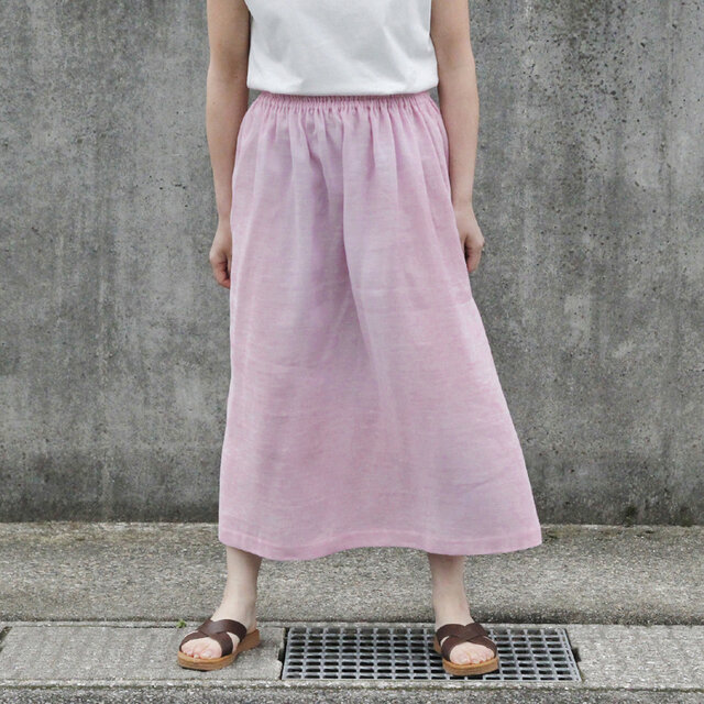 さらりと軽やか、リネンのナチュラルな風合い ハーフリネン ダブルガーゼ スカート（ピンク）ポケット 麻