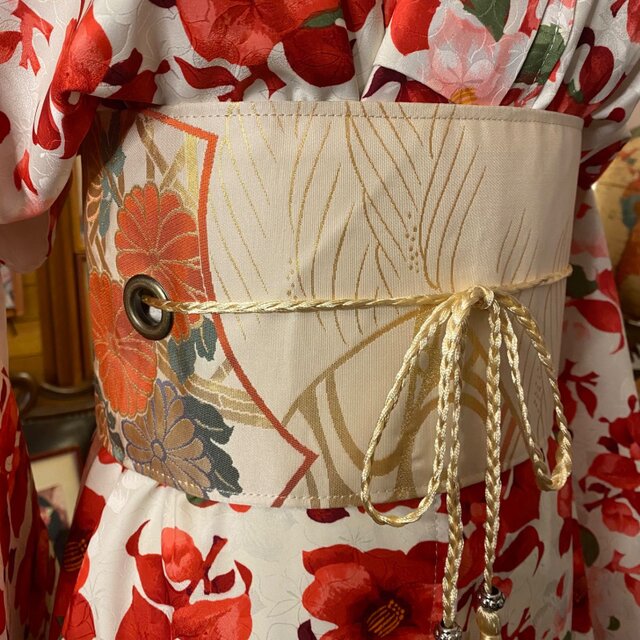 着物 リメイク セミロング ワンピース ドレス 洗える 化繊 名古屋帯