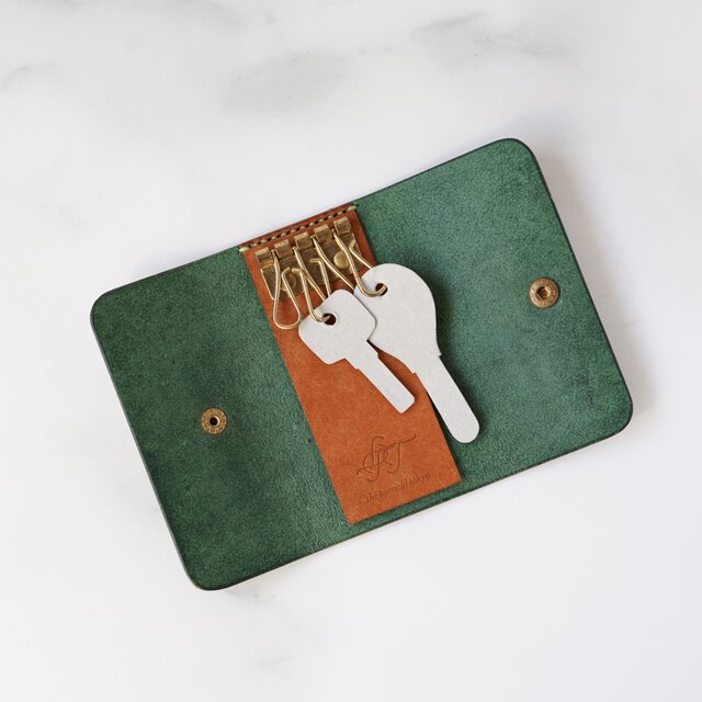 【イタリアンレザー】キーケース 　スプリンググリーン＆ブラウン