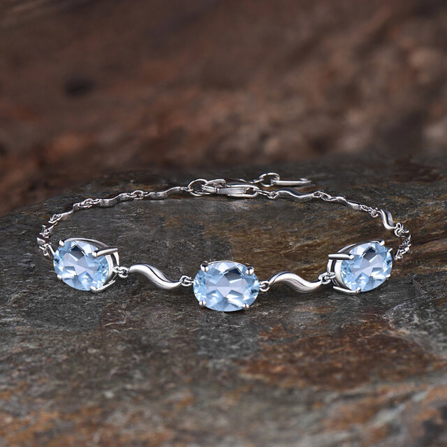 3月の誕生石 天然アクアマリンブレスレット ブルージェムストーン スリーストーンブレスレット ブライダルジュエリー
