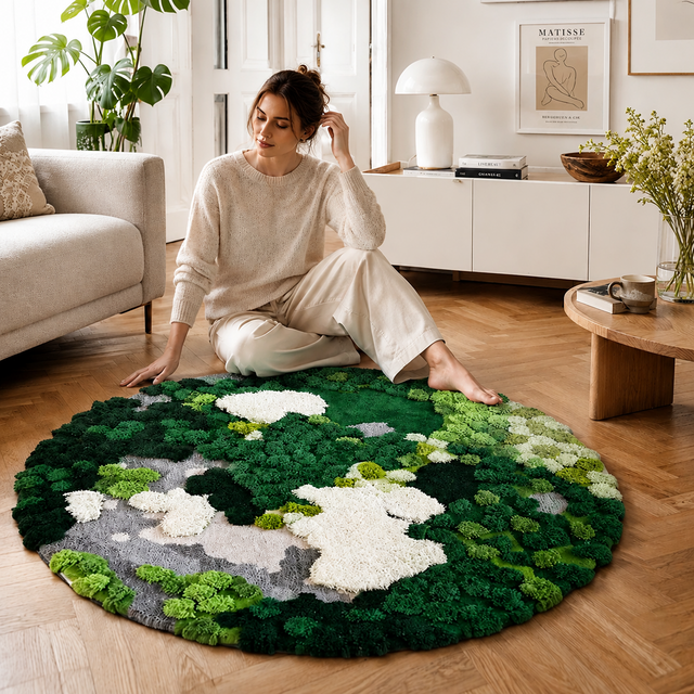 苔むす森 3D立体ウールラグ｜手仕事の円形ハンドタフティング｜100