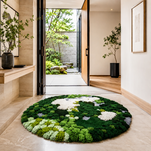 苔むす森 3D立体ウールラグ｜手仕事の円形ハンドタフティング｜100