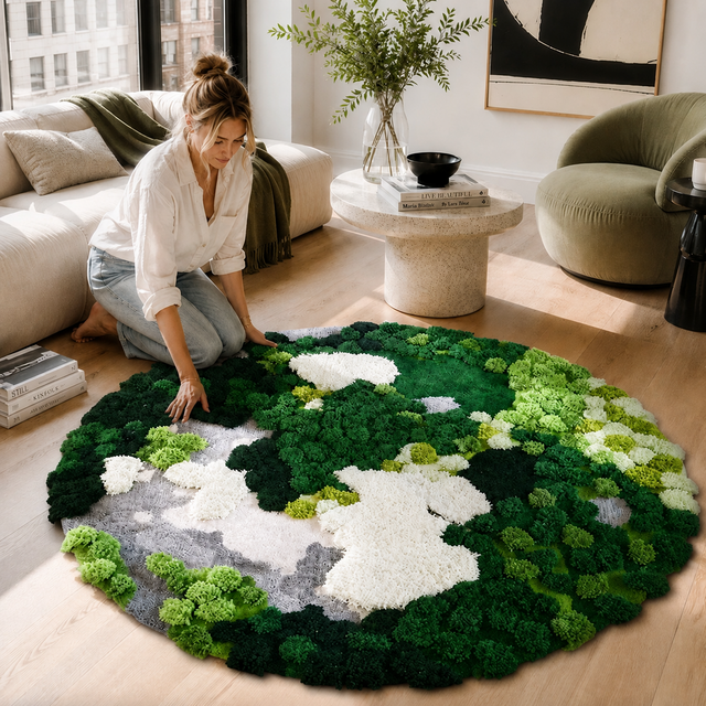 苔むす森 3D立体ウールラグ｜手仕事の円形ハンドタフティング｜100