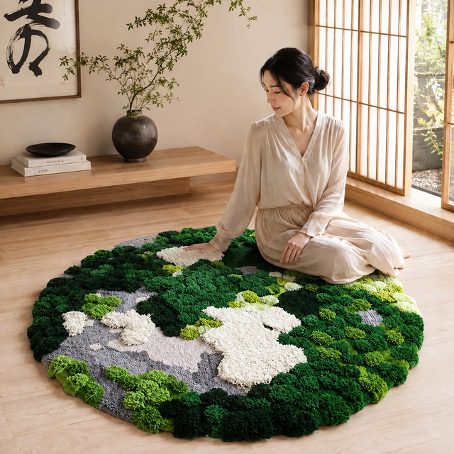 苔むす森 3D立体ウールラグ｜手仕事の円形ハンドタフティング｜100