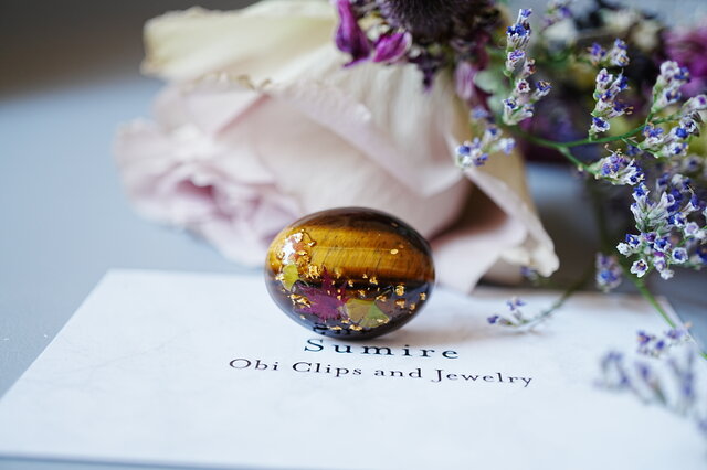 天然石タイガーアイと紅葉の帯留め 日本の秋2024 金箔 24k ポニー