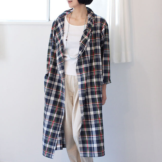 イカットマドラスチェックコットンのはおりコート【ネイビー】