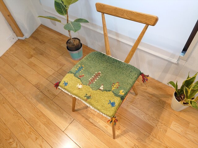 ペルシャ ギャッベ ミニマット ラグ 横40x38㎝ 緑色 黄緑色 風景