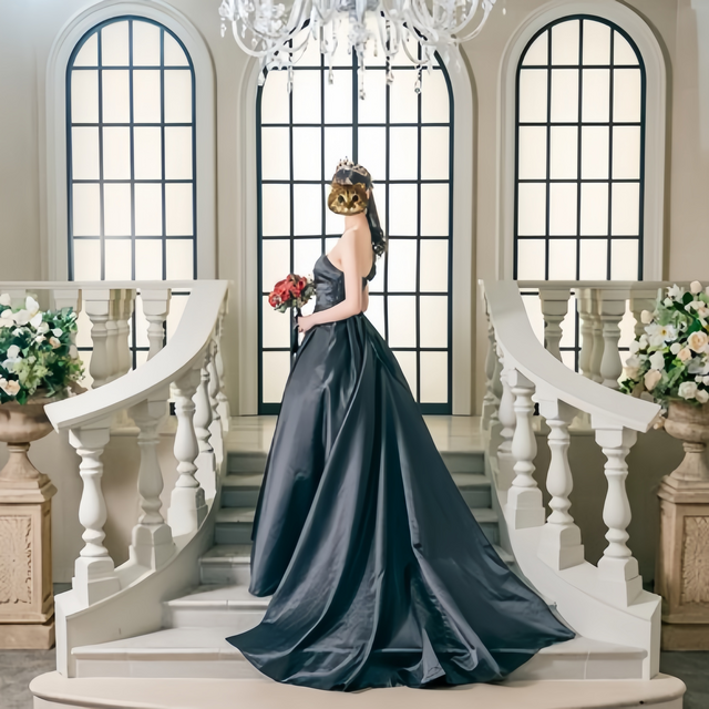 実例写真！パーティードレス ブラック ワンショルダー 光沢サテン ファスナー くるみボタン 前撮り