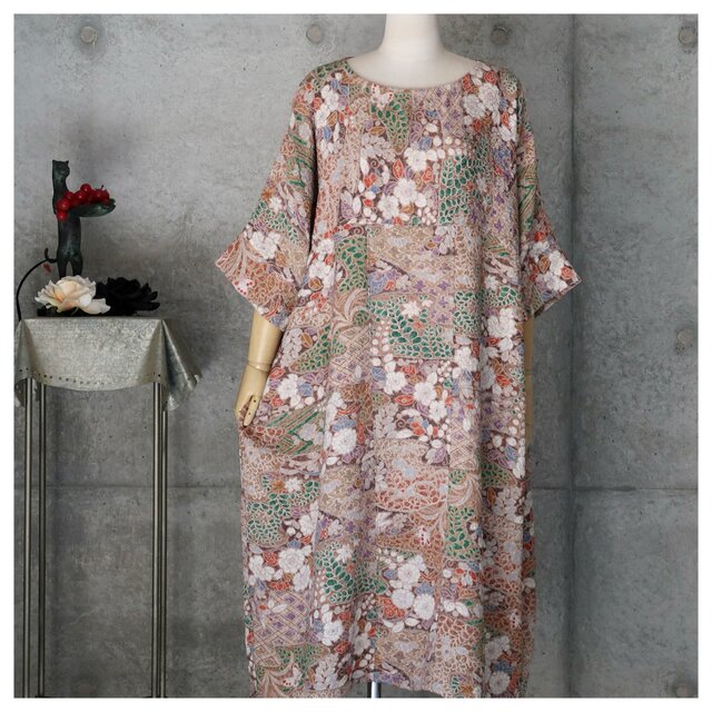 辻ヶ花のワンピース ゆったり目 ドロップショルダー 着物リメイク 