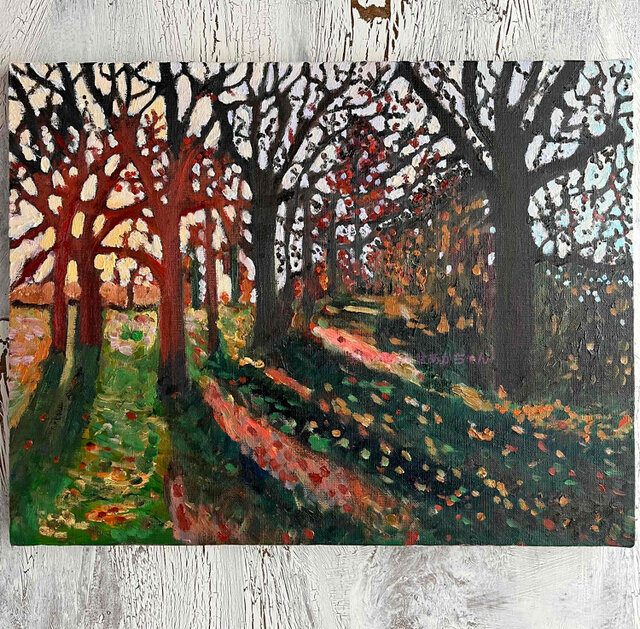 32×41㎝「秋の夕暮れの公園」原画・油彩画・F6 32×41㎝「秋の夕暮れの公園」原画・油彩画・F6 | iichi 日々の