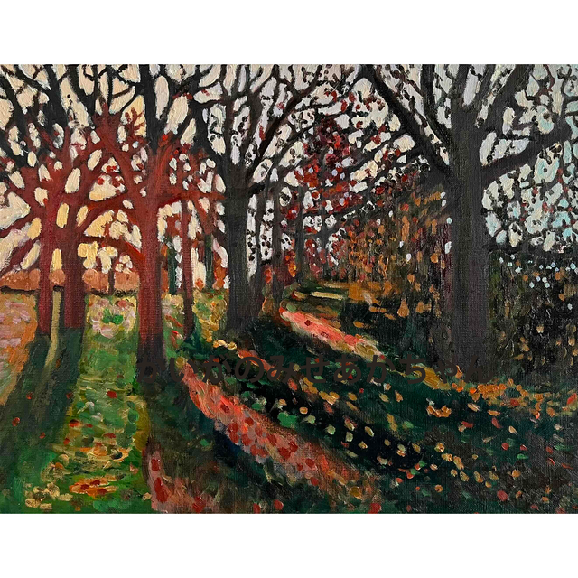 原画・油彩「秋の夕暮れの公園」絵画・F6（32×41㎝）アート