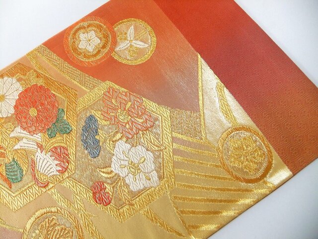 16)2236】59cm/美品・扇面亀甲鴛鴦花文様/テーブルセンター・敷物/和風