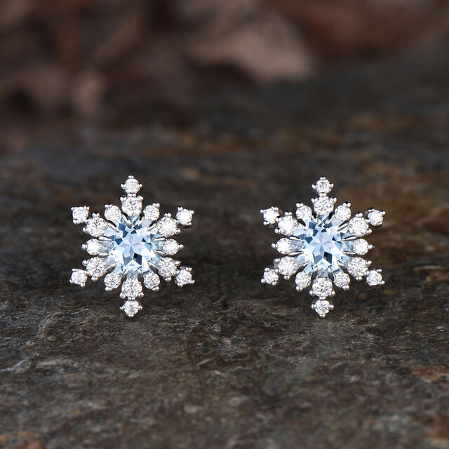 ユニークな 3 月の誕生石 天然アクアマリン ピアス スノーフレーク ピアス ホワイト モアッサナイト ハロー ピアス