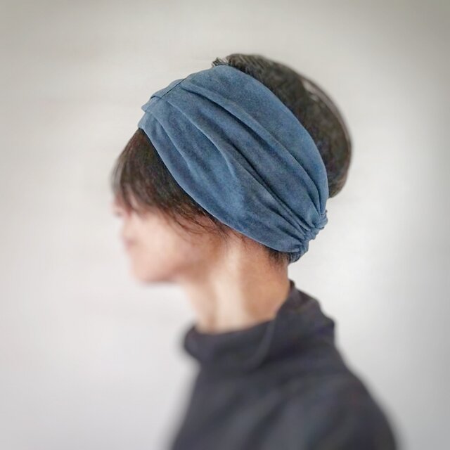 ターバンなヘアバンド　ムラ染めライトネイビーストレッチ