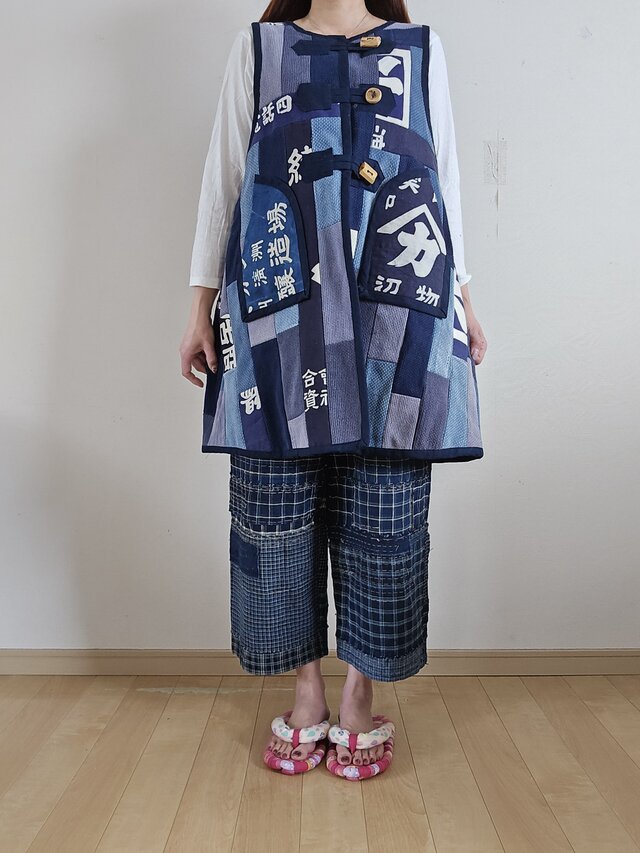 着物古布使用リメイクロングベスト&パンツ 着物リメイク 古布手作り 柔道着 前掛けパッチワーク ロング