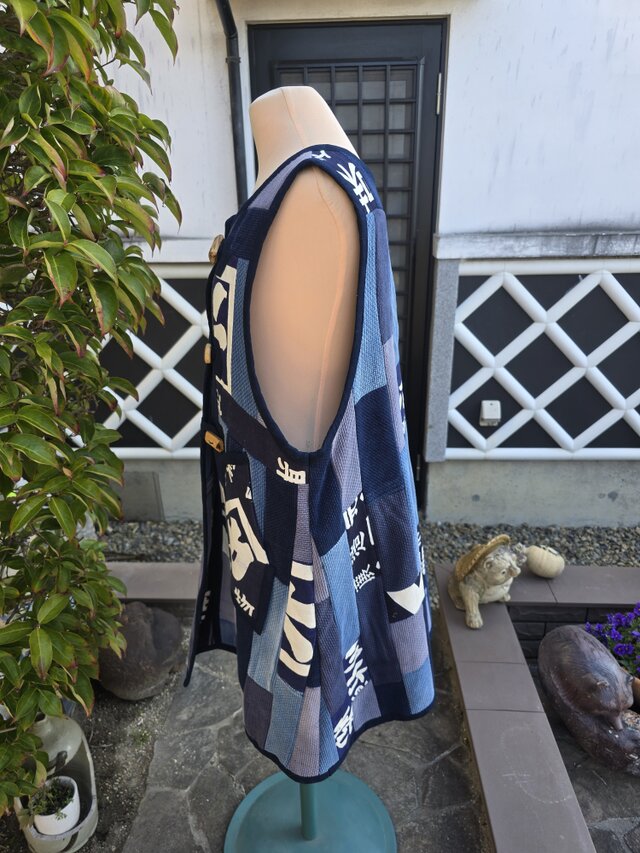 着物古布使用リメイクロングベスト&パンツ 着物リメイク 古布手作り 柔道着 前掛けパッチワーク ロング