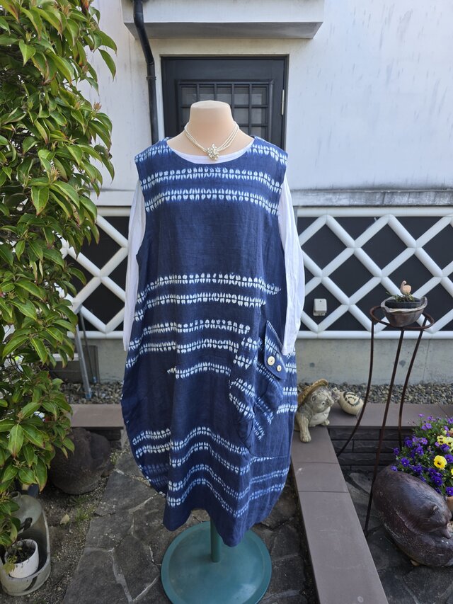 着物リメイク　手作り　麻　絞り　ジャンパースカート